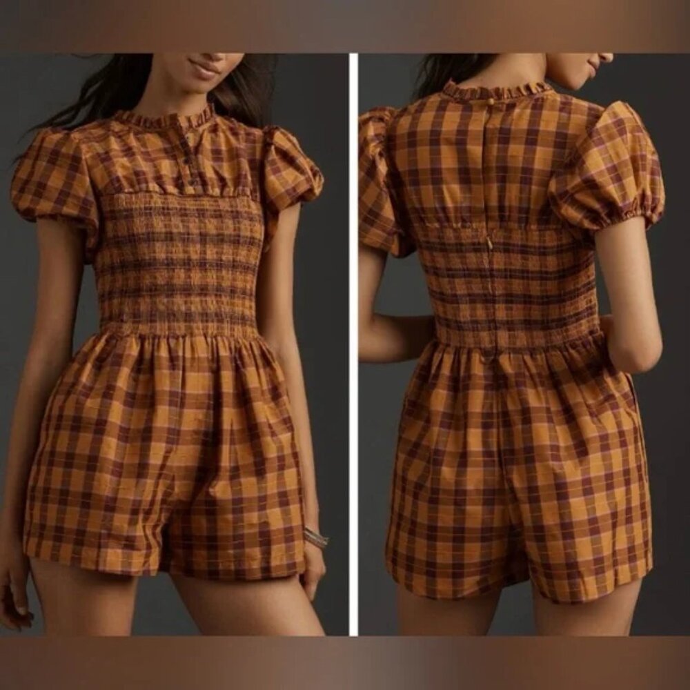 Anthropologie Plaid Smocked Romper in Mustard and Brown